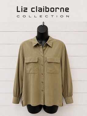 LIZ CLAIBORNE COLLECTION Vintage – Beige Khaki Silk Shirt – Size M